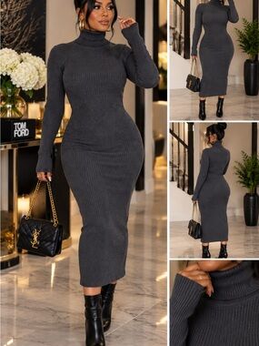 Brave Soul Charcoal Gray Ribbed Turtleneck Midi Dress